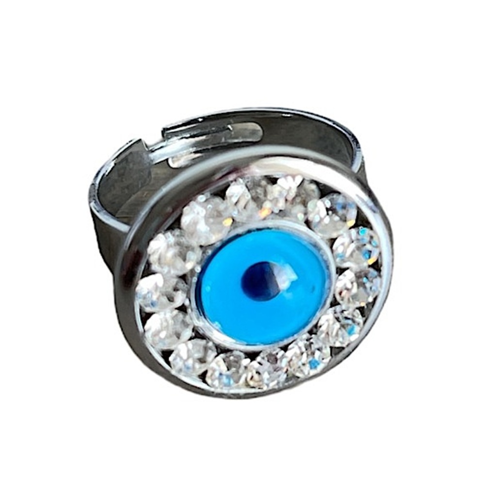 EVIL EYE RHINESTONE SILVER TONED RING